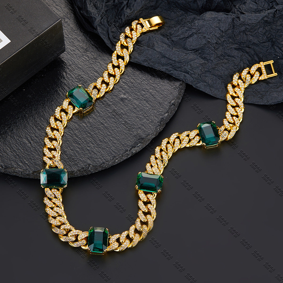 Wholesale Emerald Alloy Rhinestone Cuban Necklaces